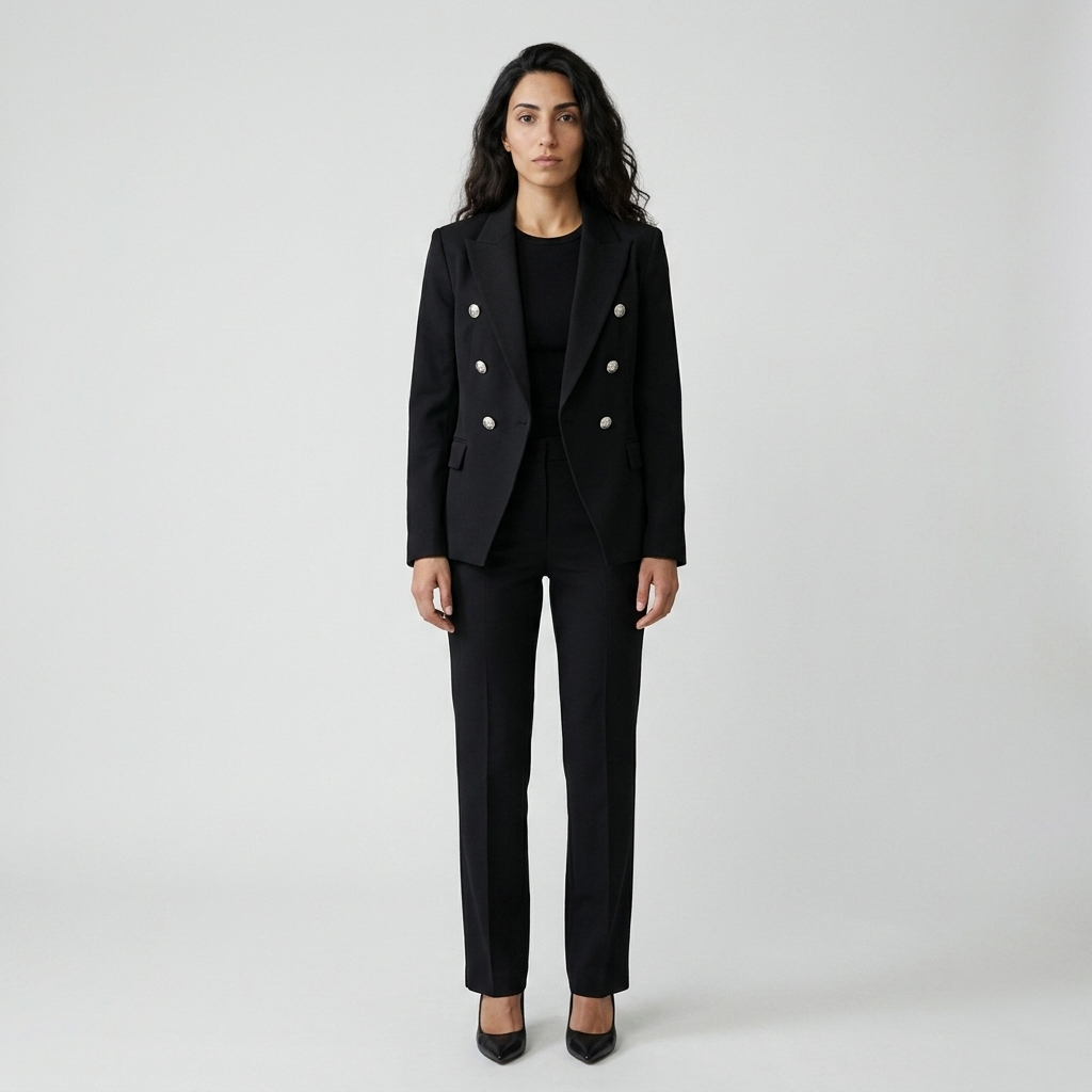 Women's Trouser Suit in black – Double Breasted Blazer with Ball Buttons, front view on model