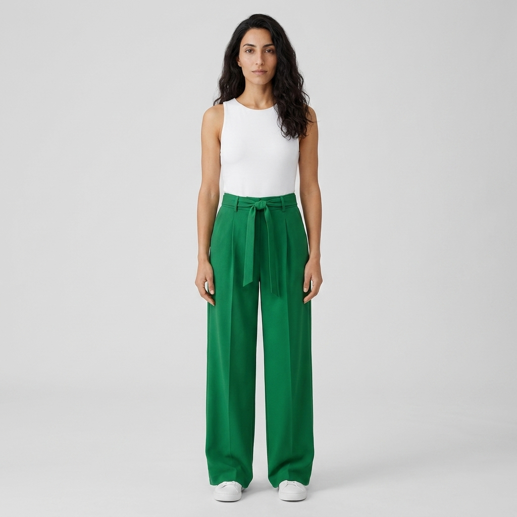Women's Wide Leg Trousers in green – Pleated High Waist with Tie Belt, front view on model
