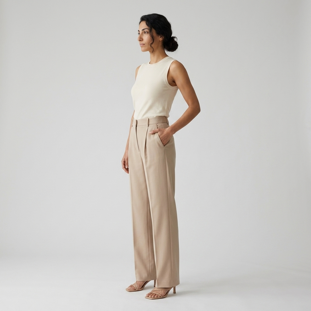 Women's Wide Leg Trousers in beige – High Waist Pleated Tailored Trousers, side view on model
