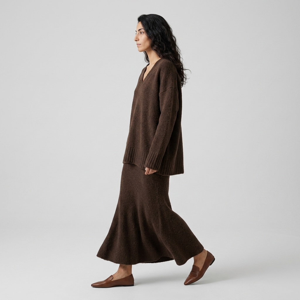 Women's Knitted Co-ord Set in brown – V Neck Jumper and Fluted Maxi Skirt, side view on model