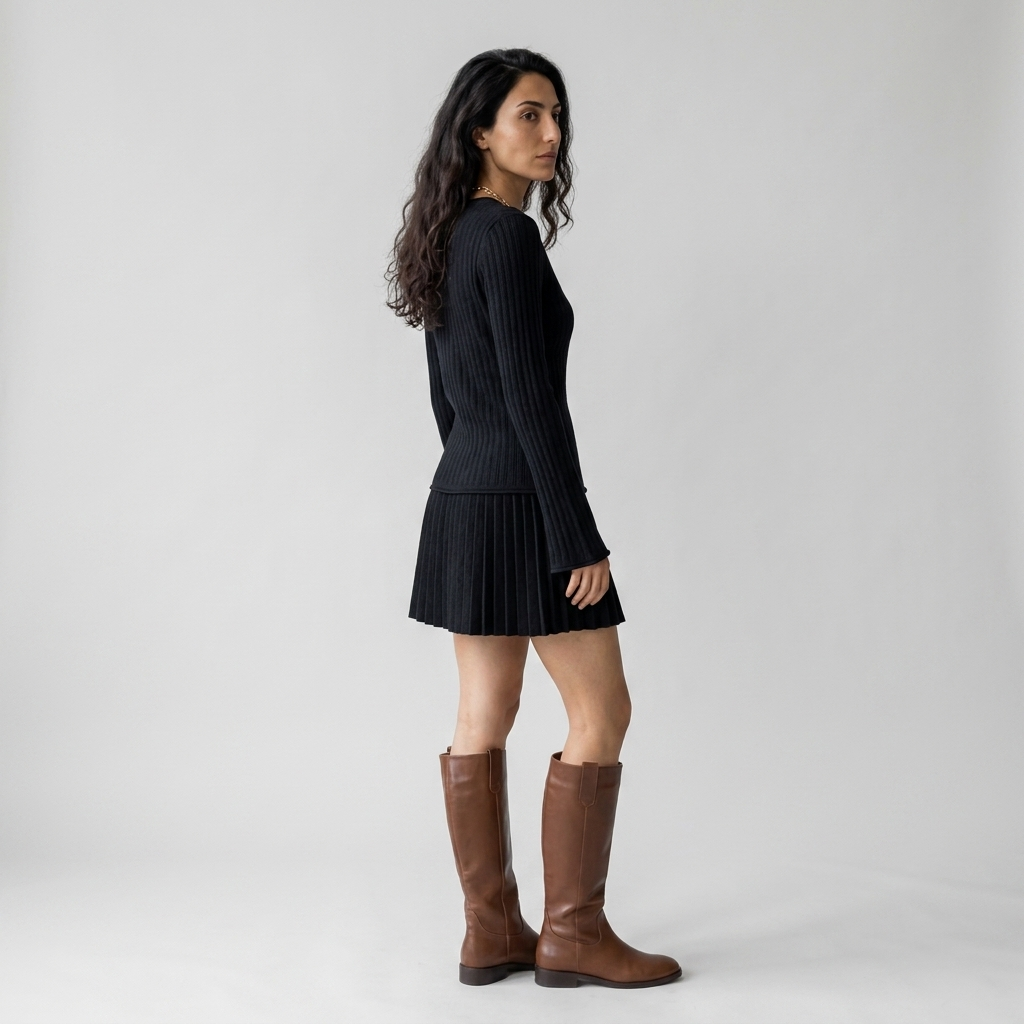 Women's Knitted Co-ord Set in black – Ribbed Cardigan and Pleated Mini Skirt, side view on model