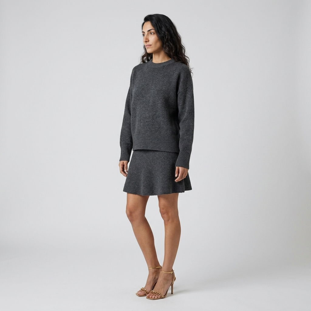 Women's Knitted Co-ord Set in grey – Crew Neck Jumper and Flared Mini Skirt, side view on model