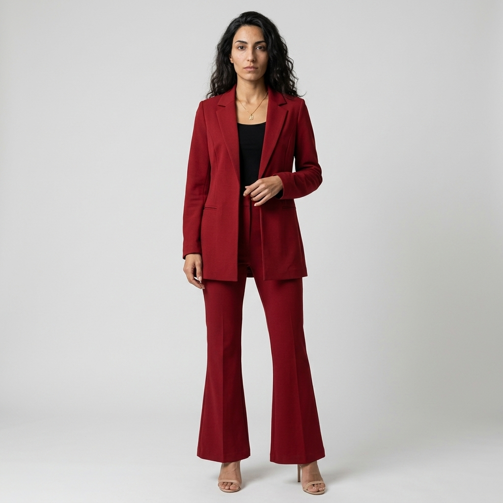 Women's Trouser Suit in red – Open Front Blazer and Flared Trousers, front view on model