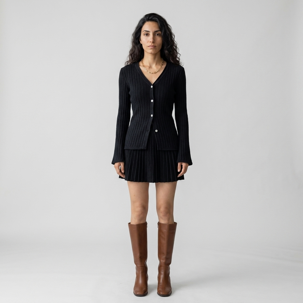 Women's Knitted Co-ord Set in black – Ribbed Cardigan and Pleated Mini Skirt, front view on model