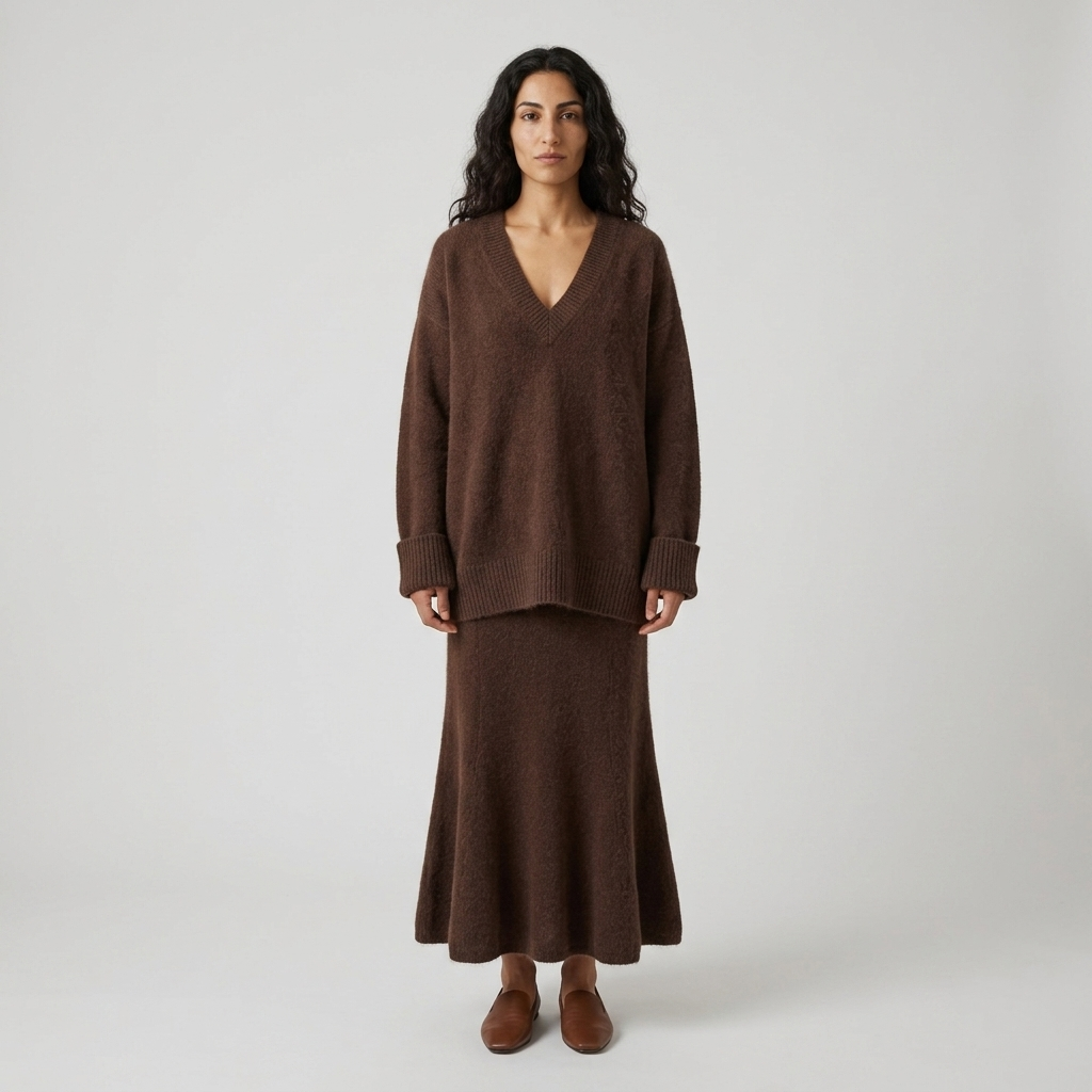 Women's Knitted Co-ord Set in brown – V Neck Jumper and Fluted Maxi Skirt, front view on model