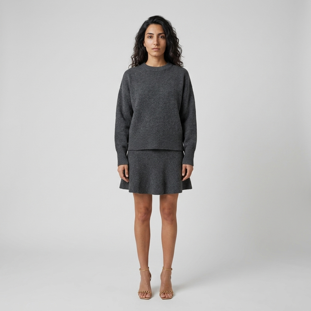 Women's Knitted Co-ord Set in grey – Crew Neck Jumper and Flared Mini Skirt, front view on model