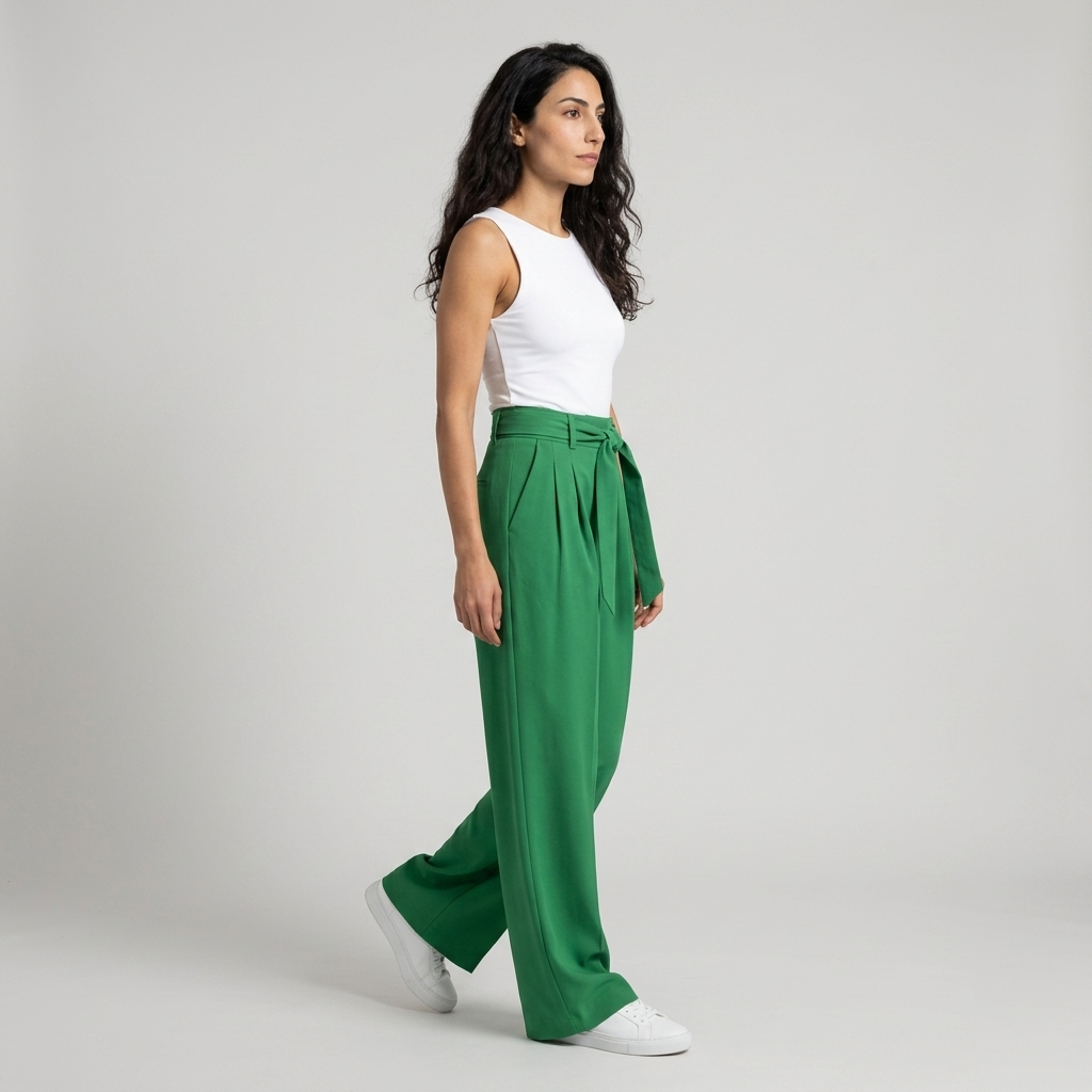 Women's Wide Leg Trousers in green – Pleated High Waist with Tie Belt, side view on model