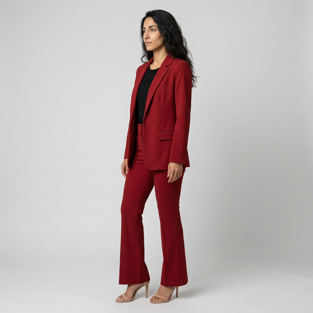 Women's Trouser Suit in red – Open Front Blazer and Flared Trousers, side view on model