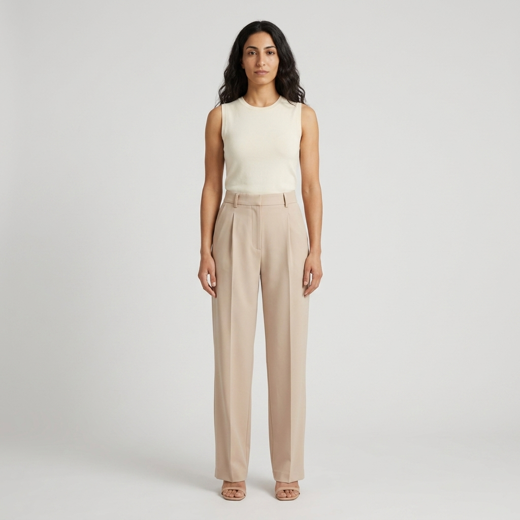 Women's Wide Leg Trousers in beige – High Waist Pleated Tailored Trousers, front view on model