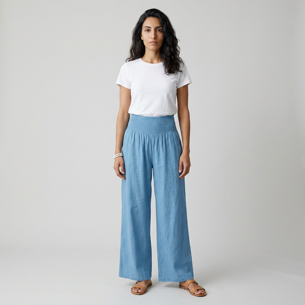 Model wearing Women's Smocked Waist Palazzo Trousers in blue with a white t-shirt, front view