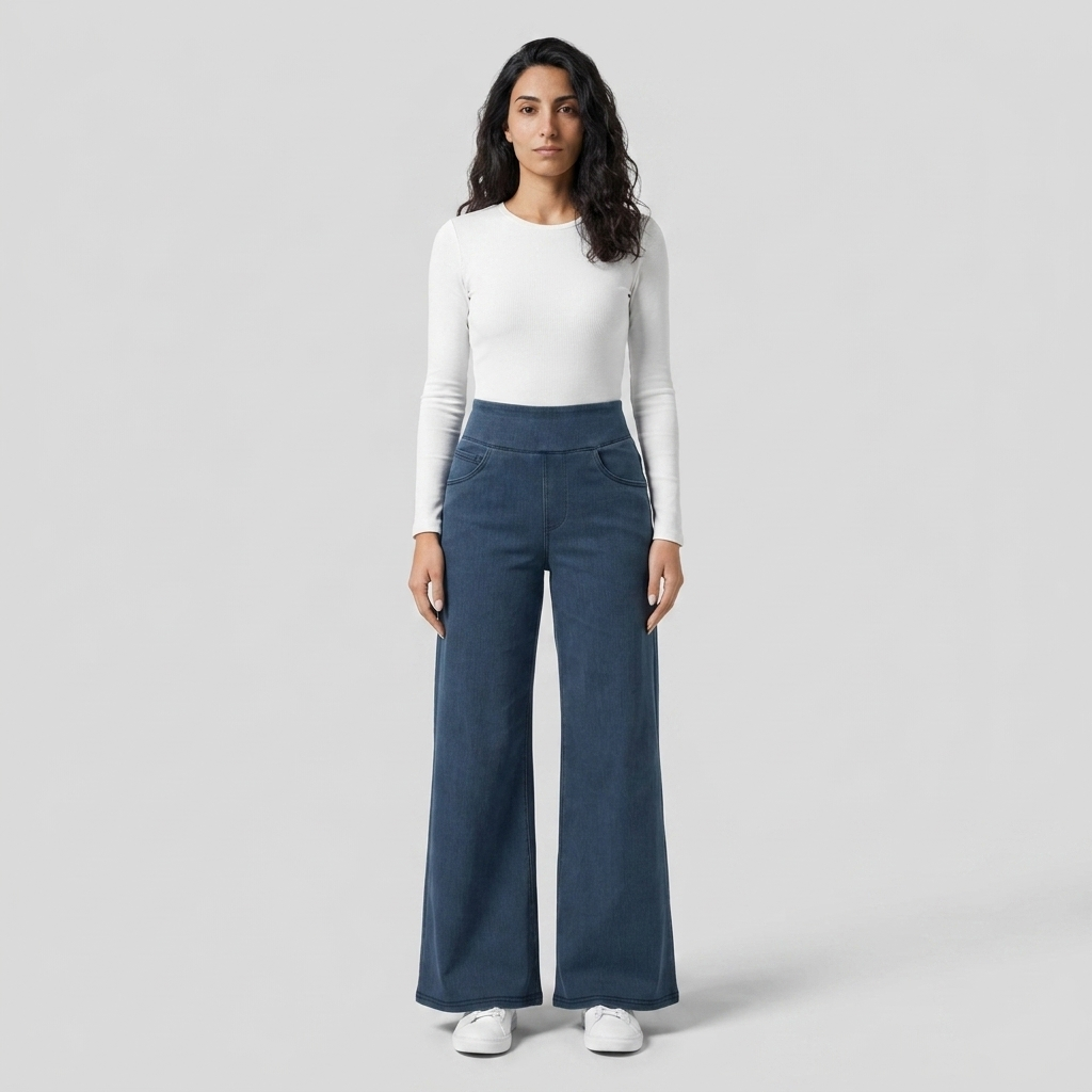 Model wearing Women's Wide Leg Jeans in dark blue with a white top and white trainers, front view