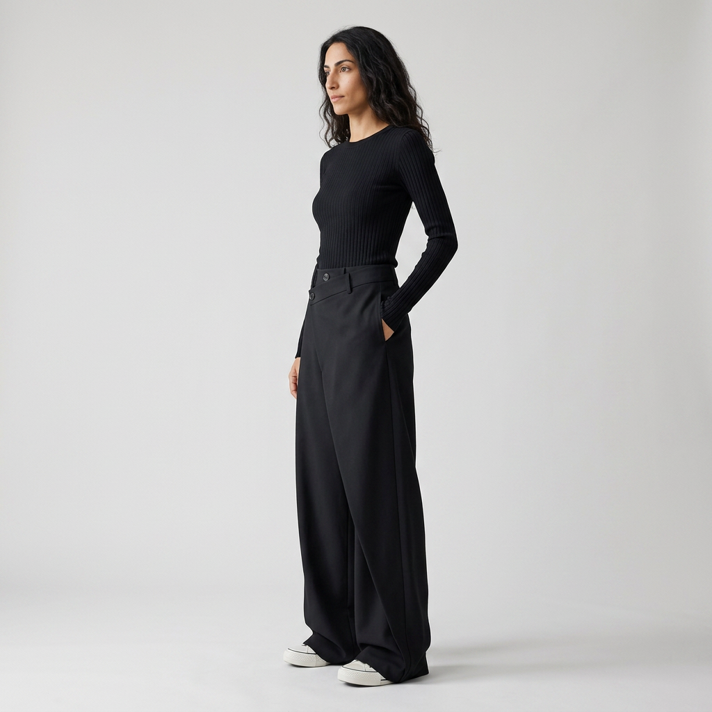 Model wearing Women's Asymmetric Wrap Front Tailored Trousers in black, side view