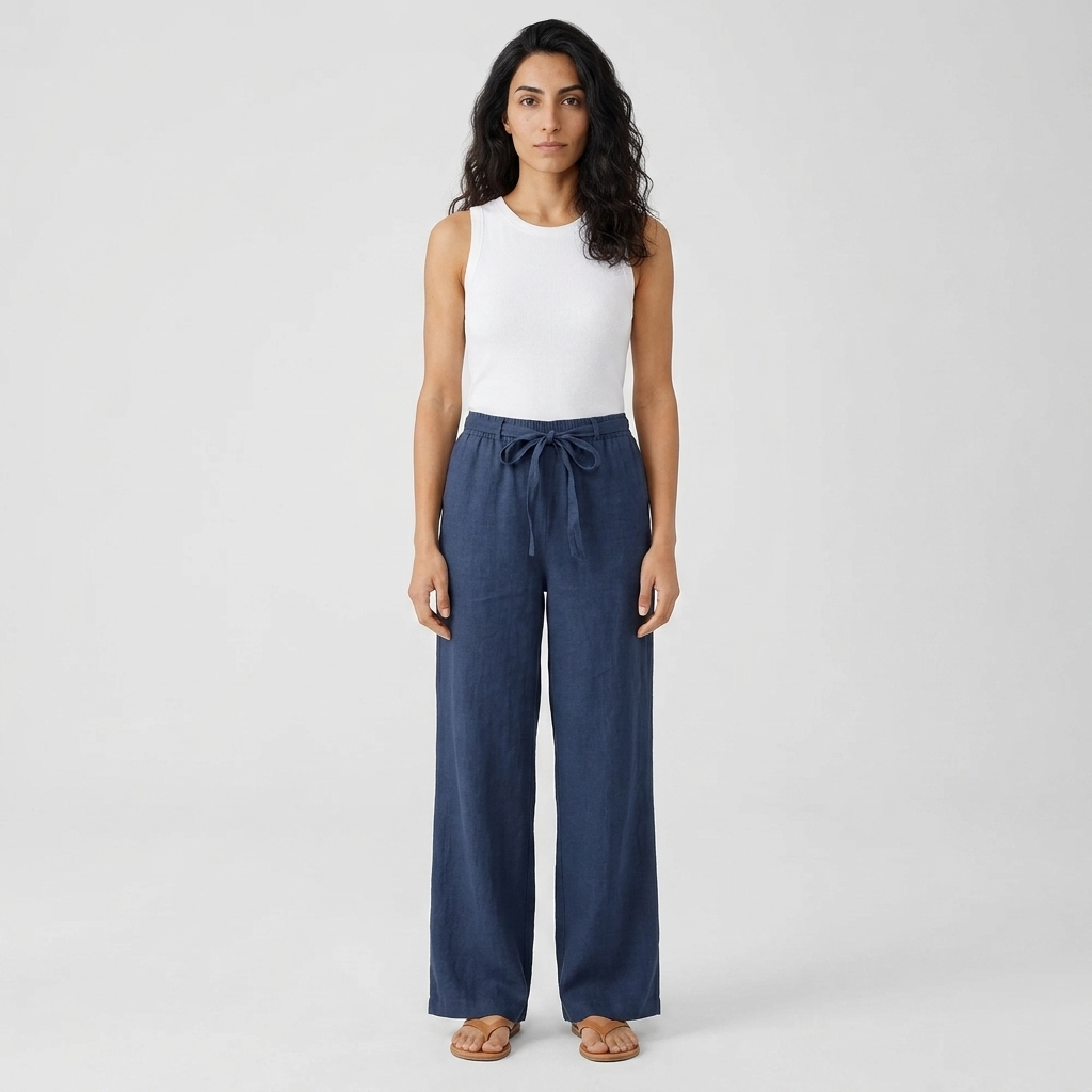 Model wearing Women's Drawstring Palazzo Trousers in blue linen with a white vest, front view