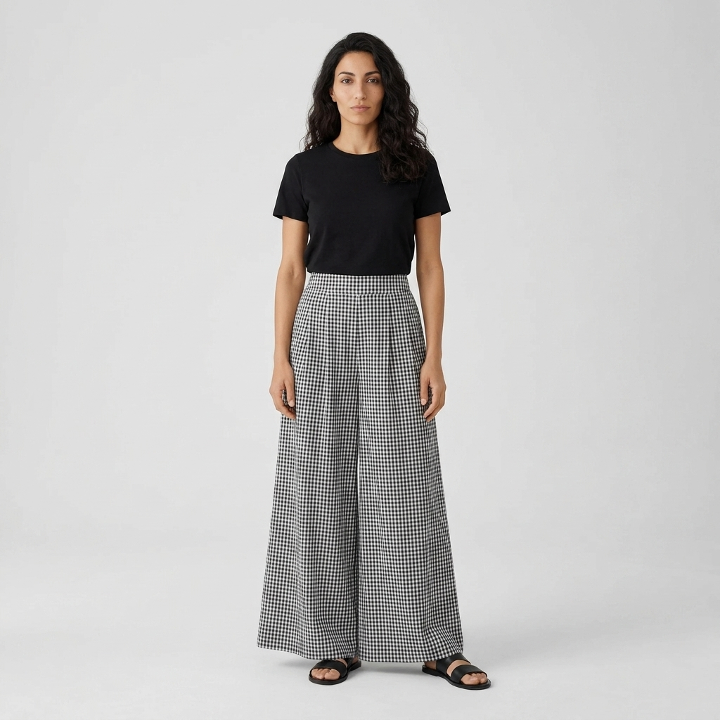 Model wearing Women's Gingham Check Palazzo Trousers in black check with a black t-shirt, front view