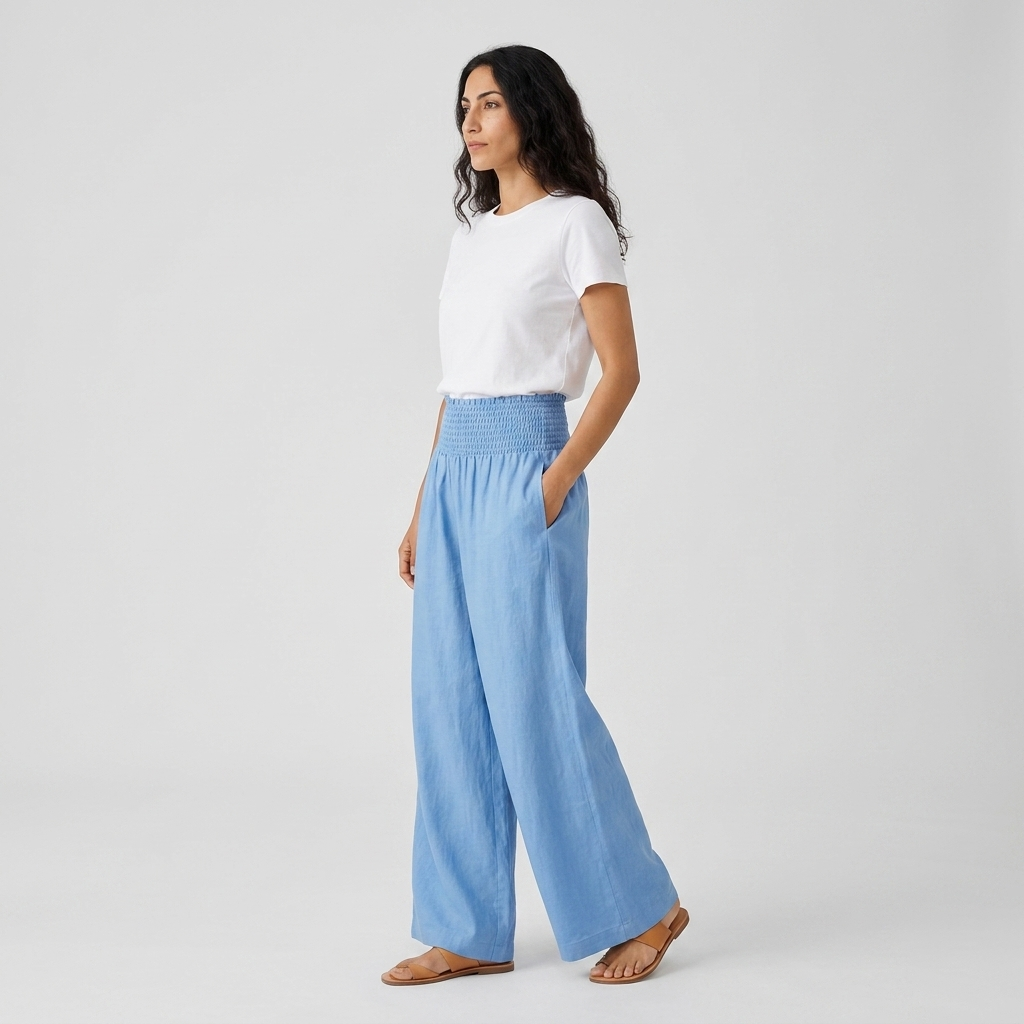 Model wearing Women's Smocked Waist Palazzo Trousers in blue, side view showing the smocked waistband and side pocket