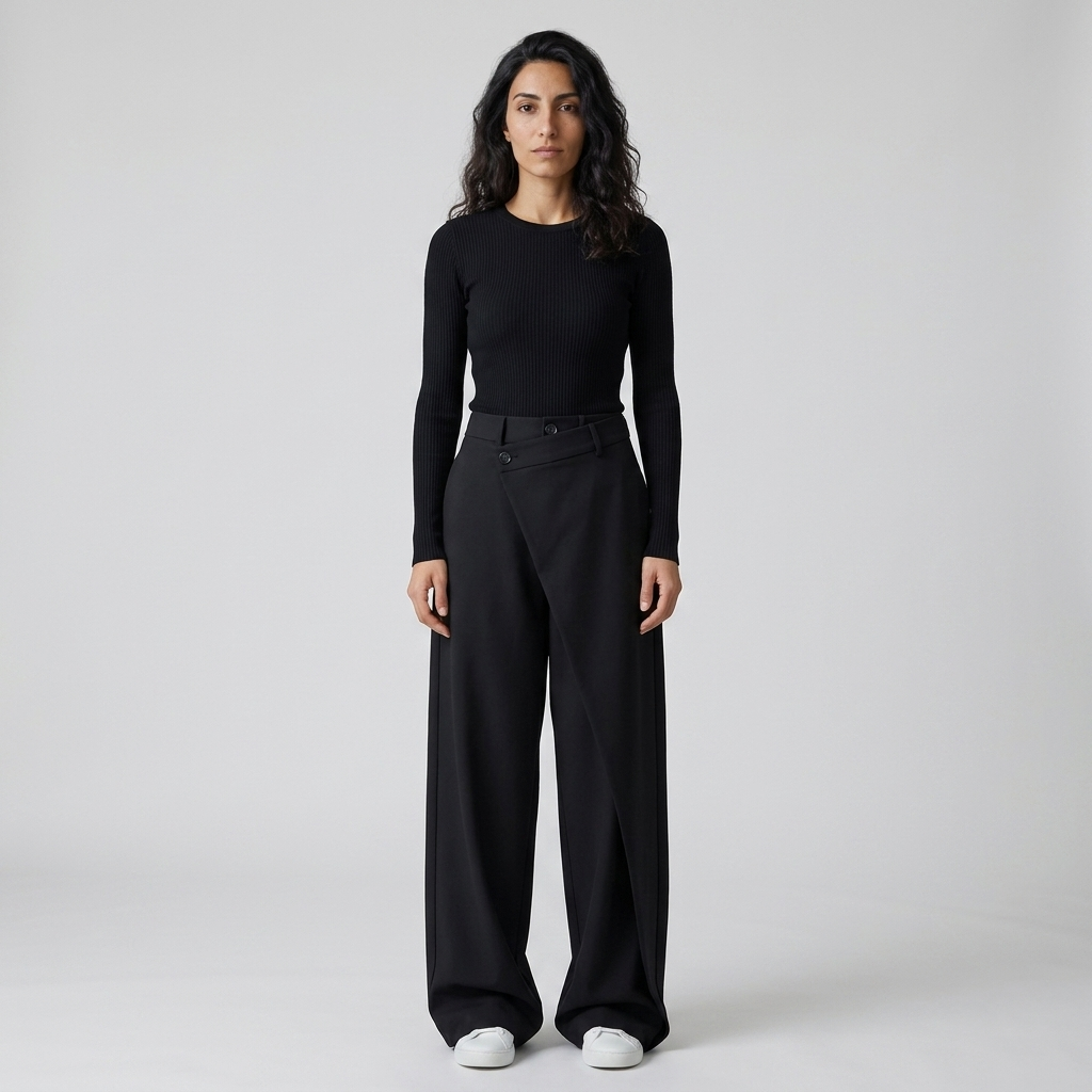 Model wearing Women's Asymmetric Wrap Front Tailored Trousers in black, front view showing the diagonal wrap panel