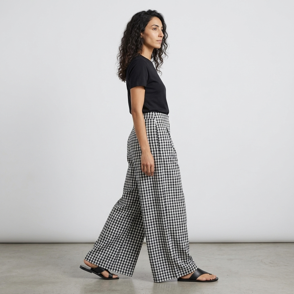 Model wearing Women's Gingham Check Palazzo Trousers in black check, side view mid step