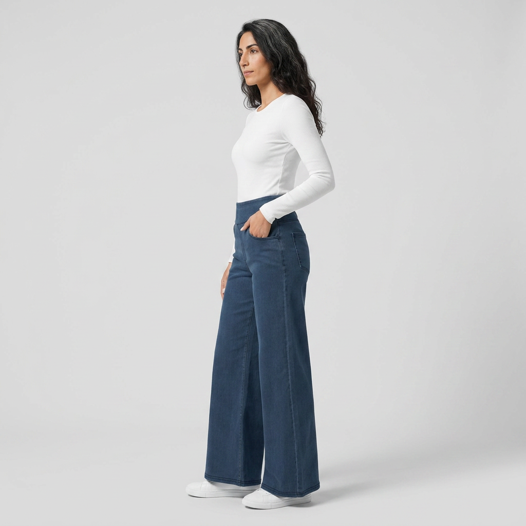 Model wearing Women's Wide Leg Jeans in dark blue, side view showing the wide leg and front pocket
