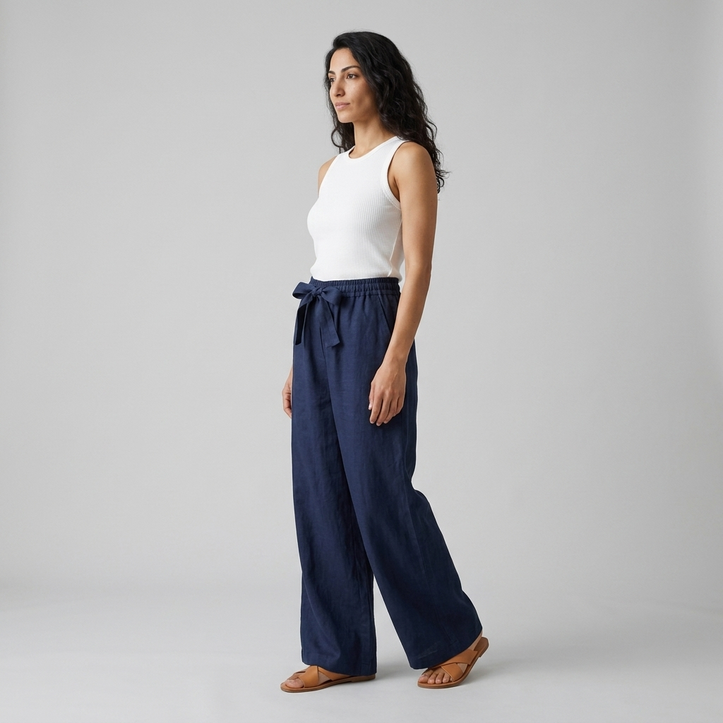 Model wearing Women's Drawstring Palazzo Trousers in blue linen, side view showing the tied drawstring