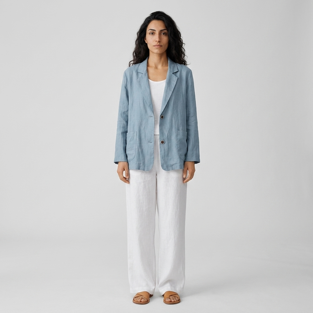 Model wearing Women's Unstructured Patch Pocket Blazer in light blue linen, front view