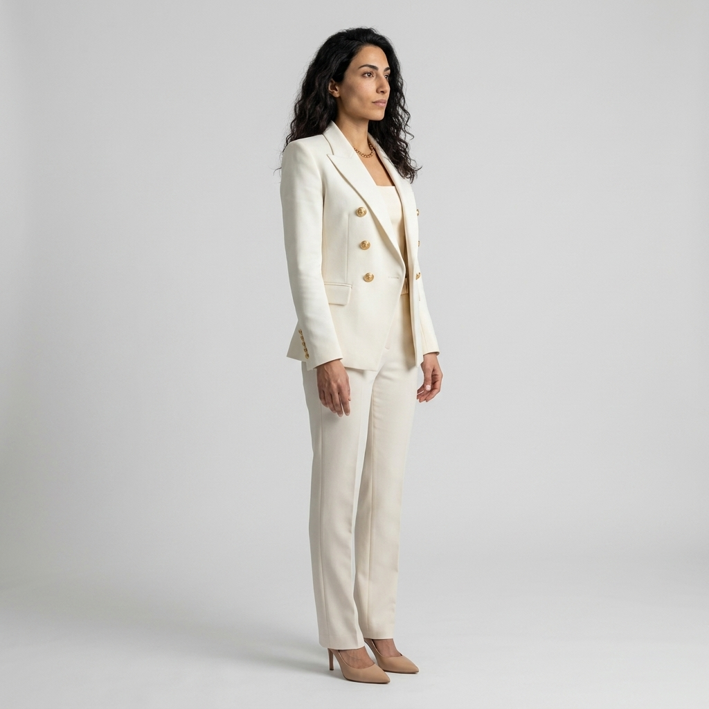 Model wearing Women's Double Breasted Peak Lapel Blazer in white, side view