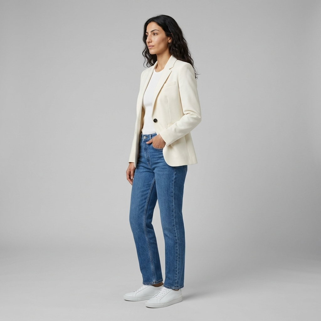 Model wearing Women's Single Button Fitted Blazer in cream, side view showing the hip length hem