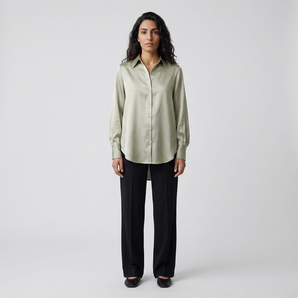 Model wearing Women's Long Sleeve Button Up Satin Shirt in sage green, front view