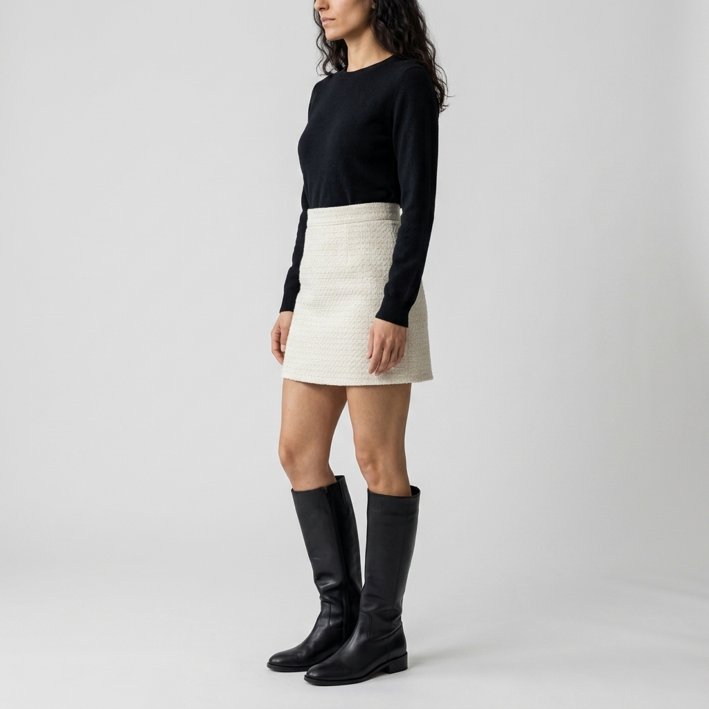 Model wearing Women's High Waist A Line Tweed Mini Skirt in cream, side view
