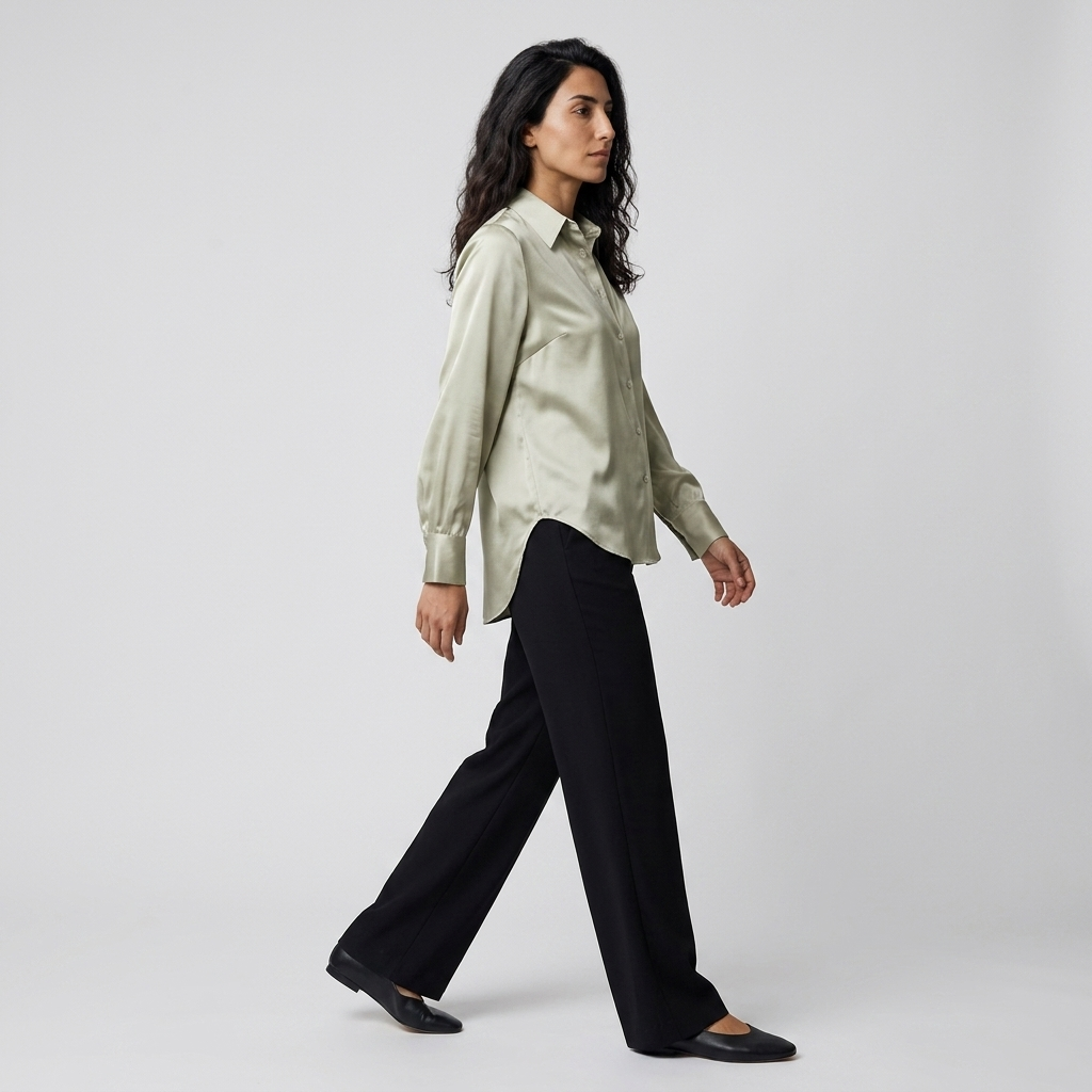 Model wearing Women's Long Sleeve Button Up Satin Shirt in sage green, side view showing the shirt-tail hem