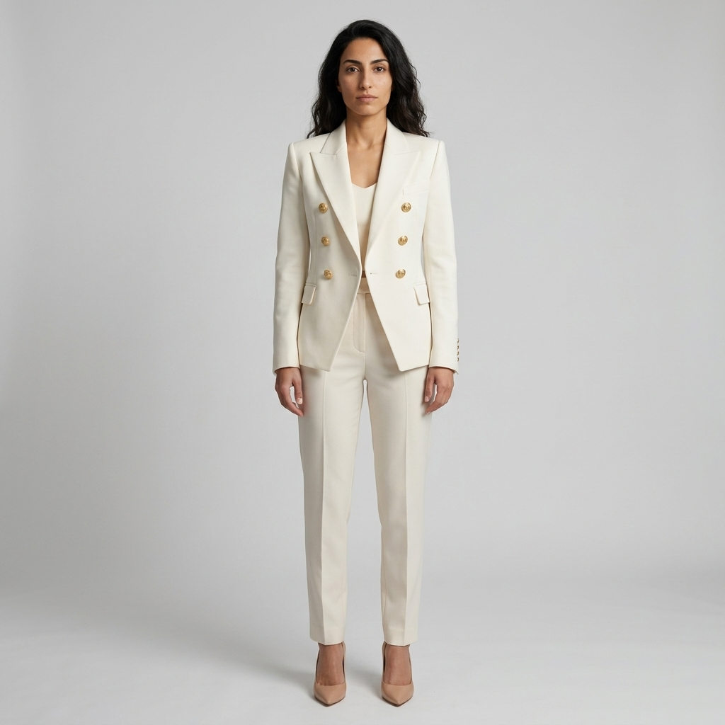 Model wearing Women's Double Breasted Peak Lapel Blazer in white with gold buttons, front view