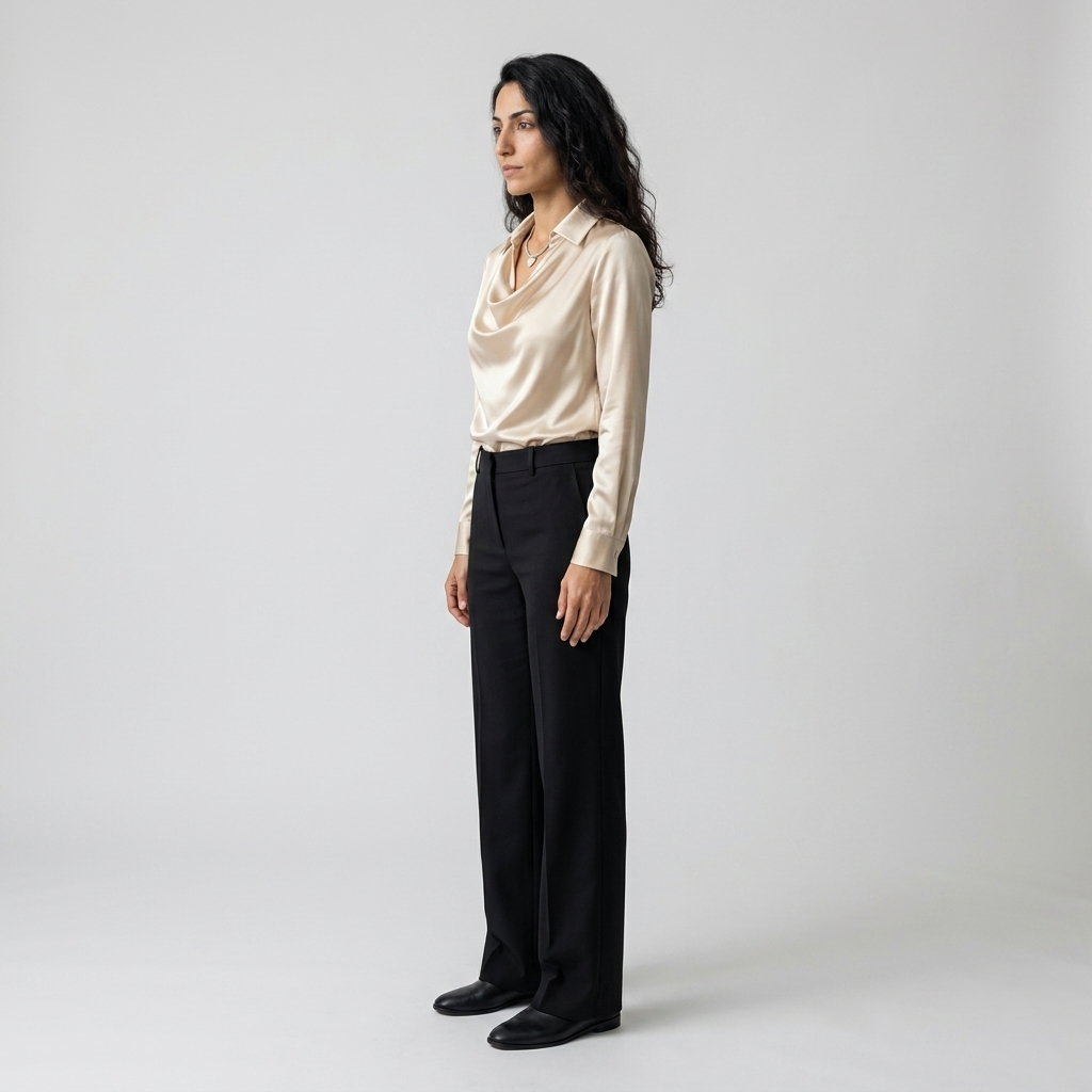 Model wearing Women's Draped Cowl Neck Collared Blouse in champagne satin, side view