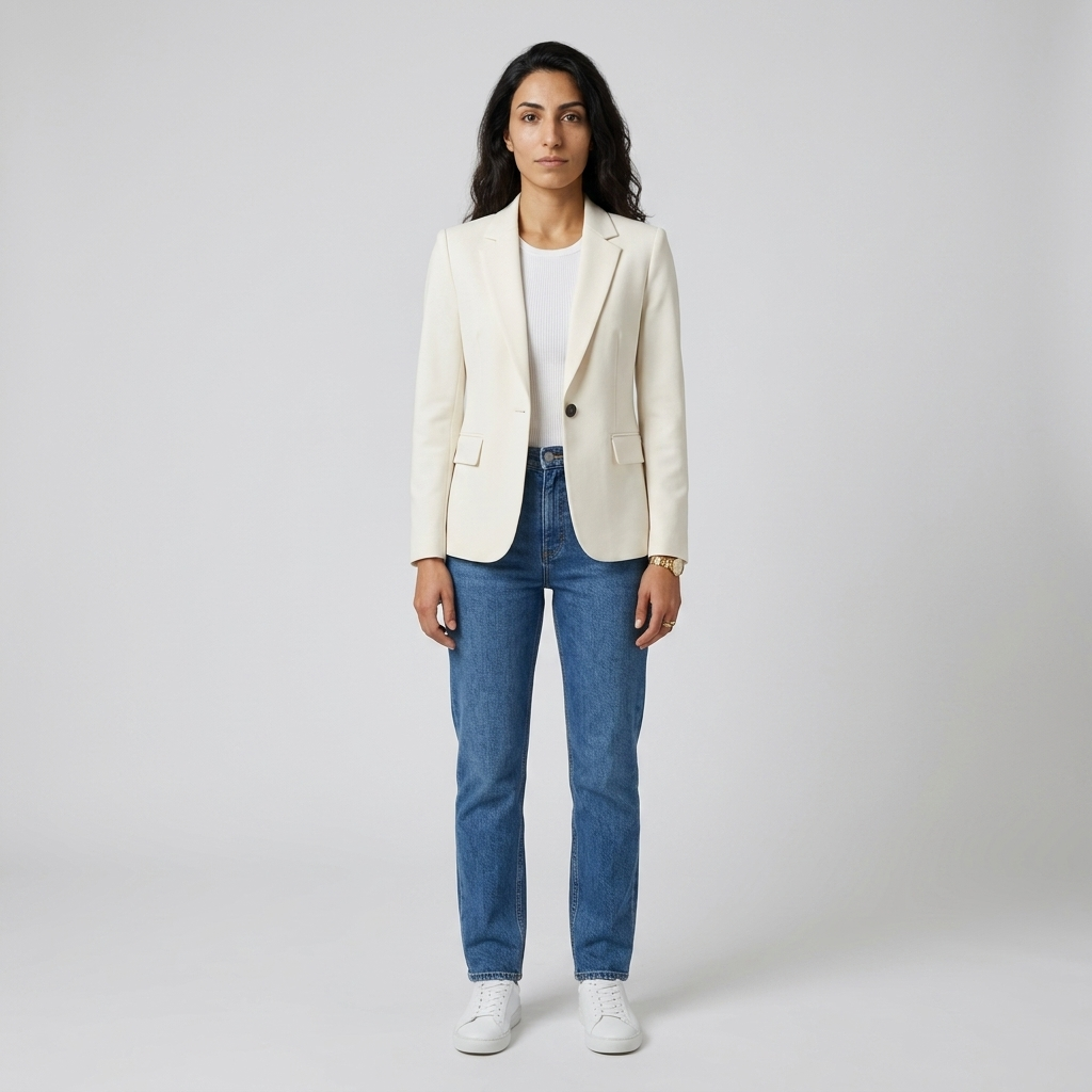 Model wearing Women's Single Button Fitted Blazer in cream over jeans, front view