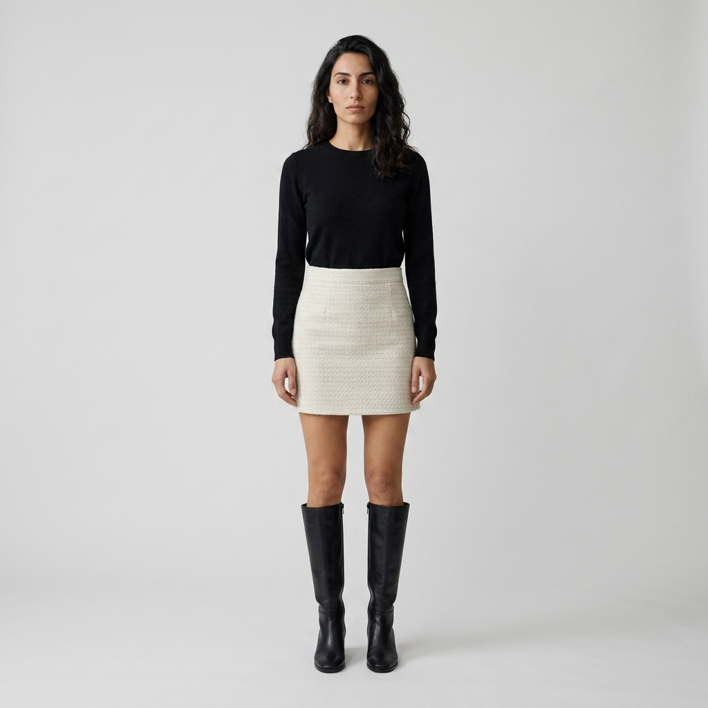 Model wearing Women's High Waist A Line Tweed Mini Skirt in cream with black boots, front view