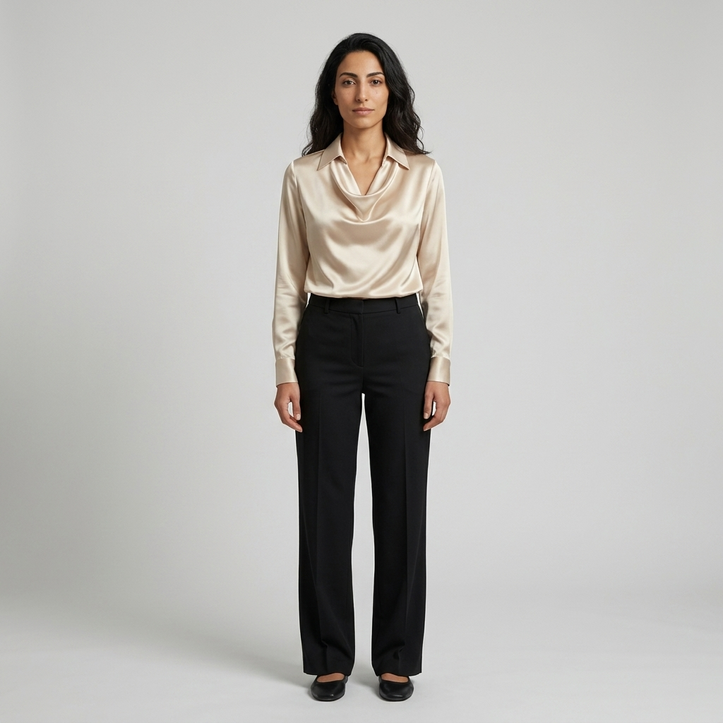 Model wearing Women's Draped Cowl Neck Collared Blouse in champagne satin, front view