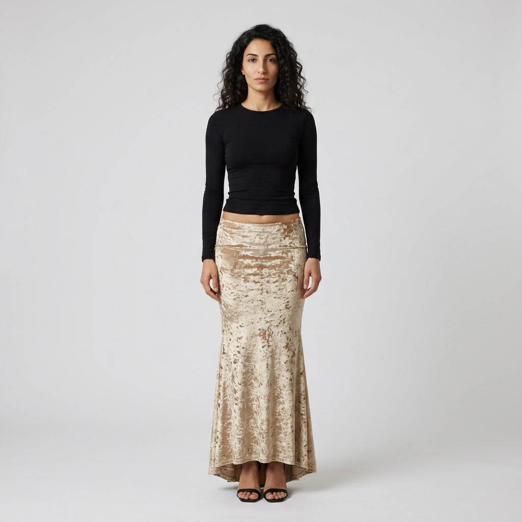 Model wearing Women's Crushed Velvet Maxi Skirt in champagne, front view