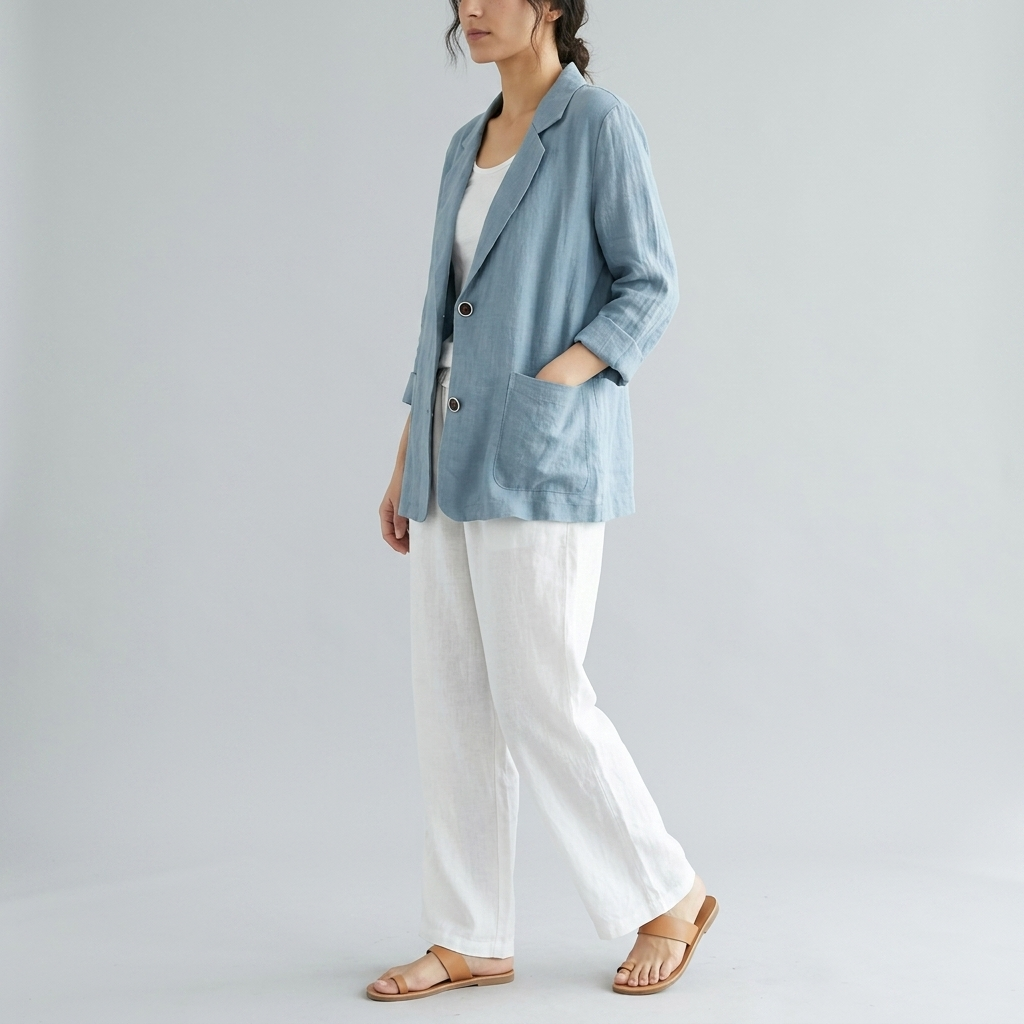 Model wearing Women's Unstructured Patch Pocket Blazer in light blue linen, side view showing the patch pocket
