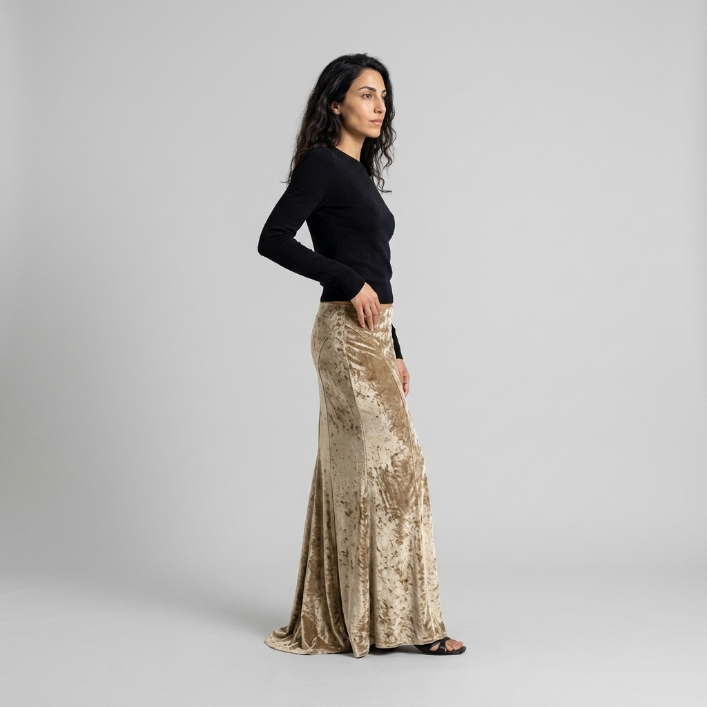 Model wearing Women's Crushed Velvet Maxi Skirt in champagne, side view showing the fishtail hem
