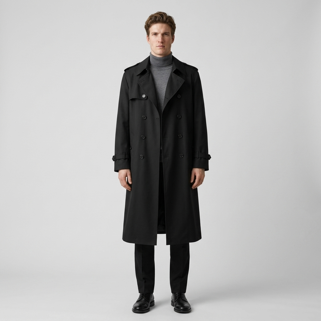 Model wearing Men's Black Double Breasted Trench Coat over a grey roll neck, front view