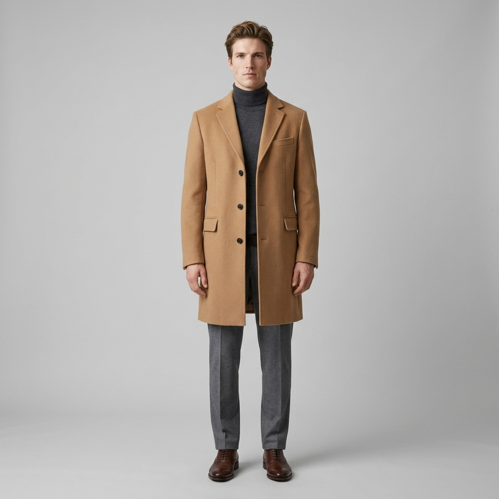 Model wearing Men's Camel Single Breasted Tailored Overcoat over a roll neck, front view