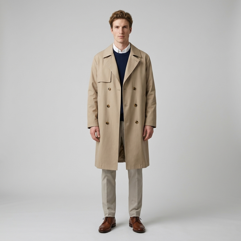 Model wearing Men's Beige Double Breasted Storm Flap Trench Coat, front view