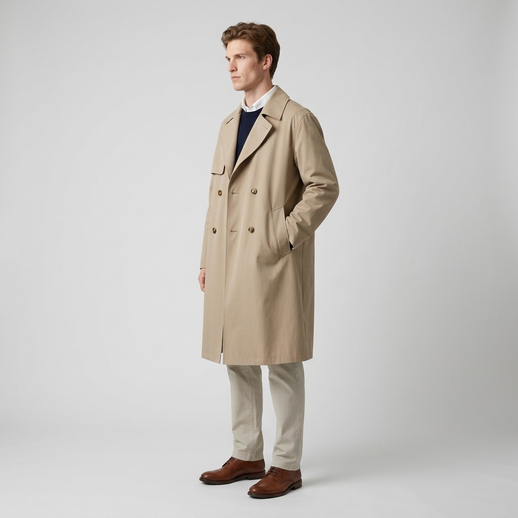 Model wearing Men's Beige Double Breasted Storm Flap Trench Coat, side view