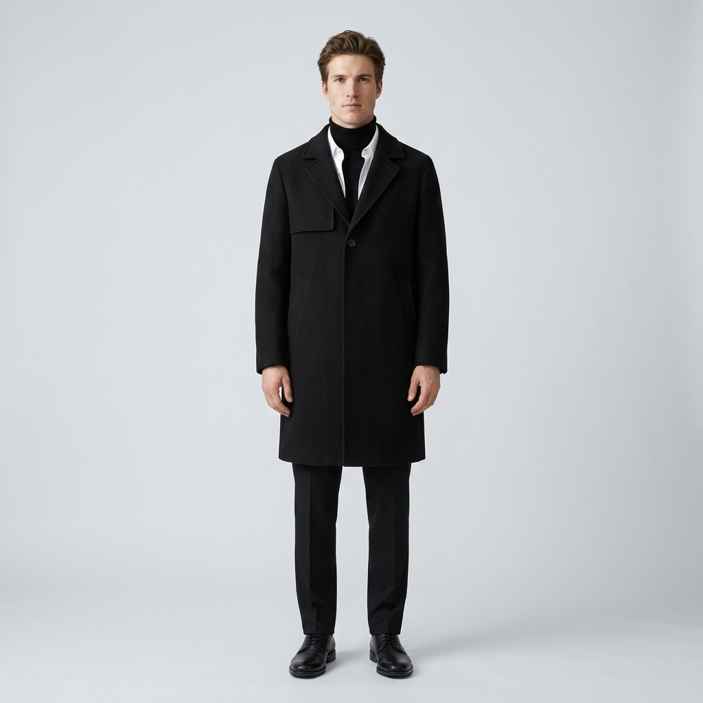 Model wearing Men's Black Single Breasted Tailored Overcoat, front view