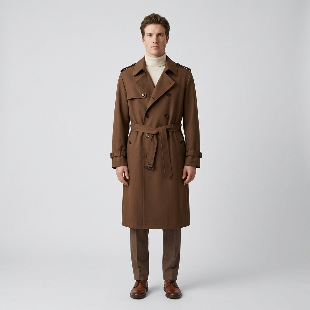 Model wearing Men's Brown Double Breasted Belted Trench Coat with the belt tied, front view