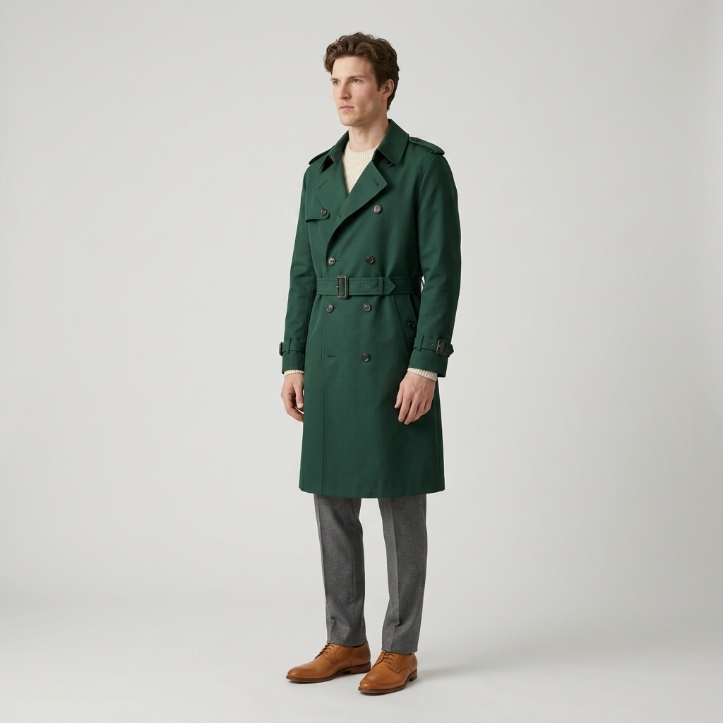 Model wearing Men's Green Double Breasted Belted Trench Coat, side view
