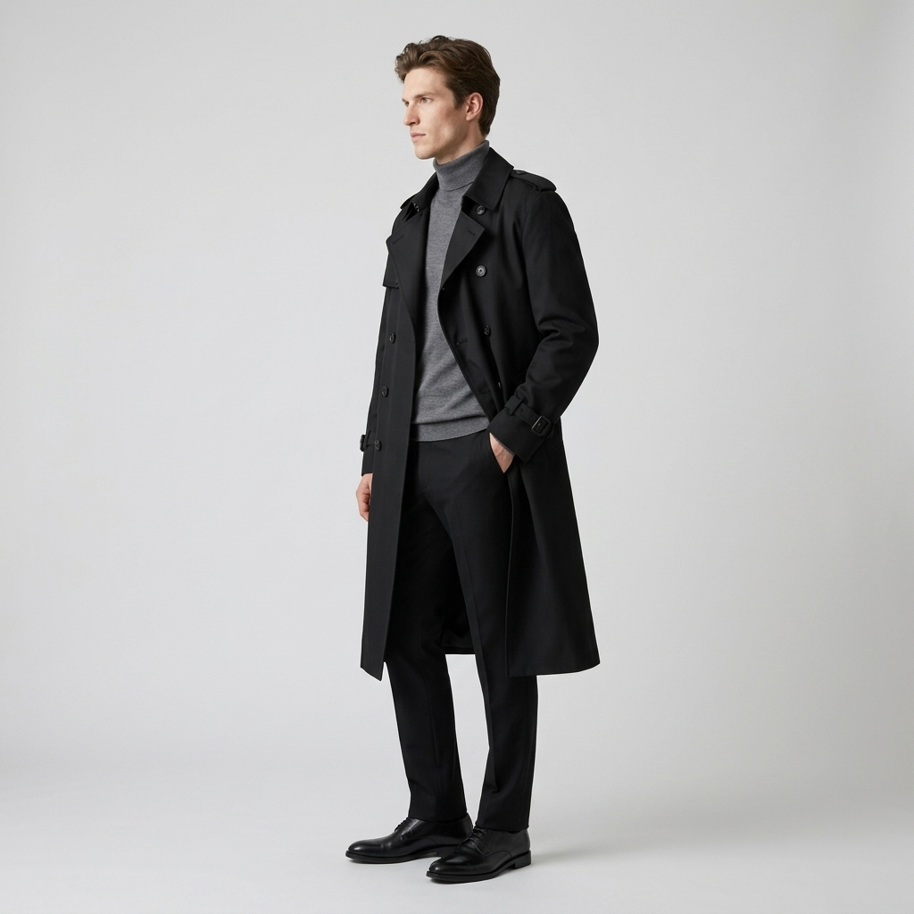 Model wearing Men's Black Double Breasted Trench Coat, side view showing the full length