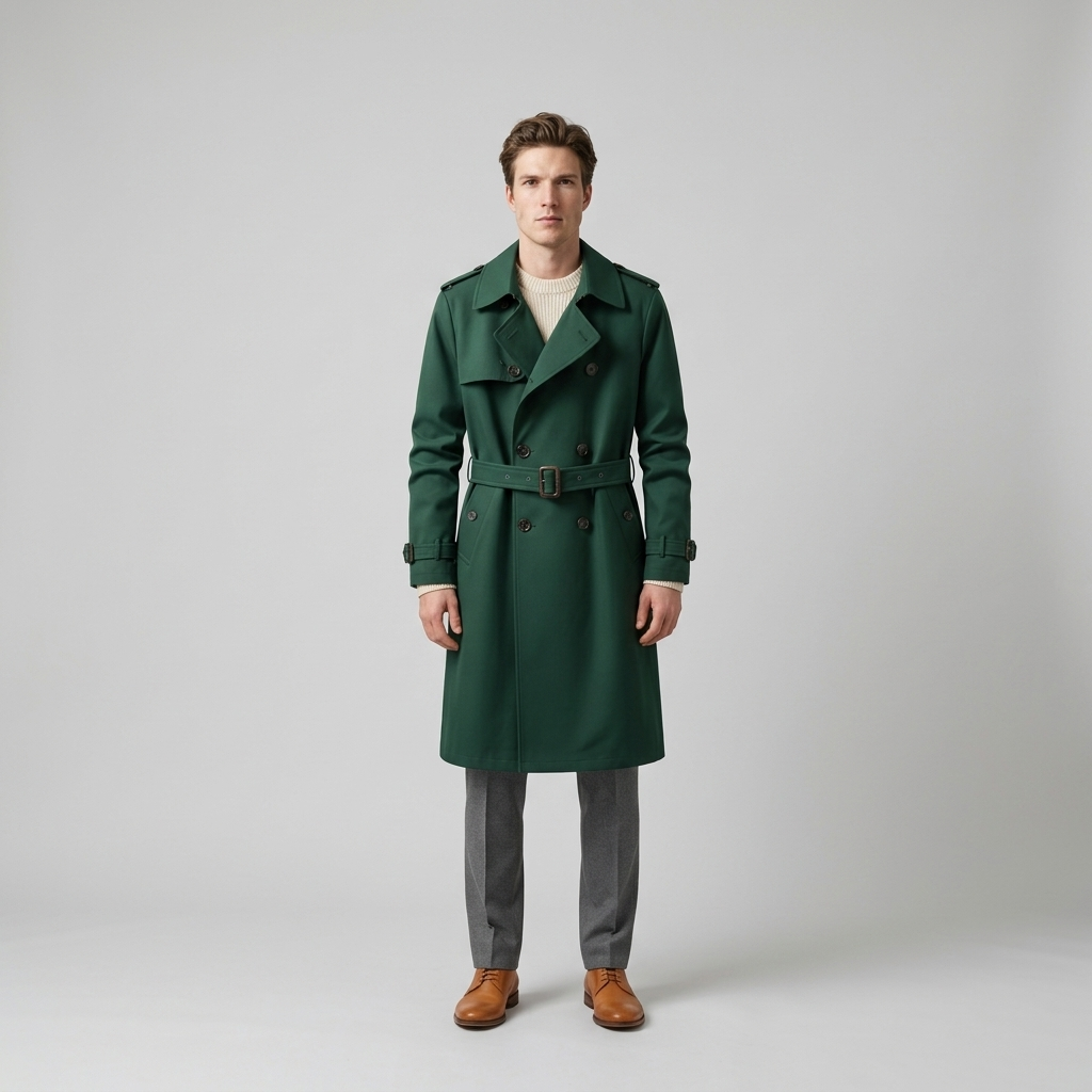 Model wearing Men's Green Double Breasted Belted Trench Coat with a buckled belt, front view