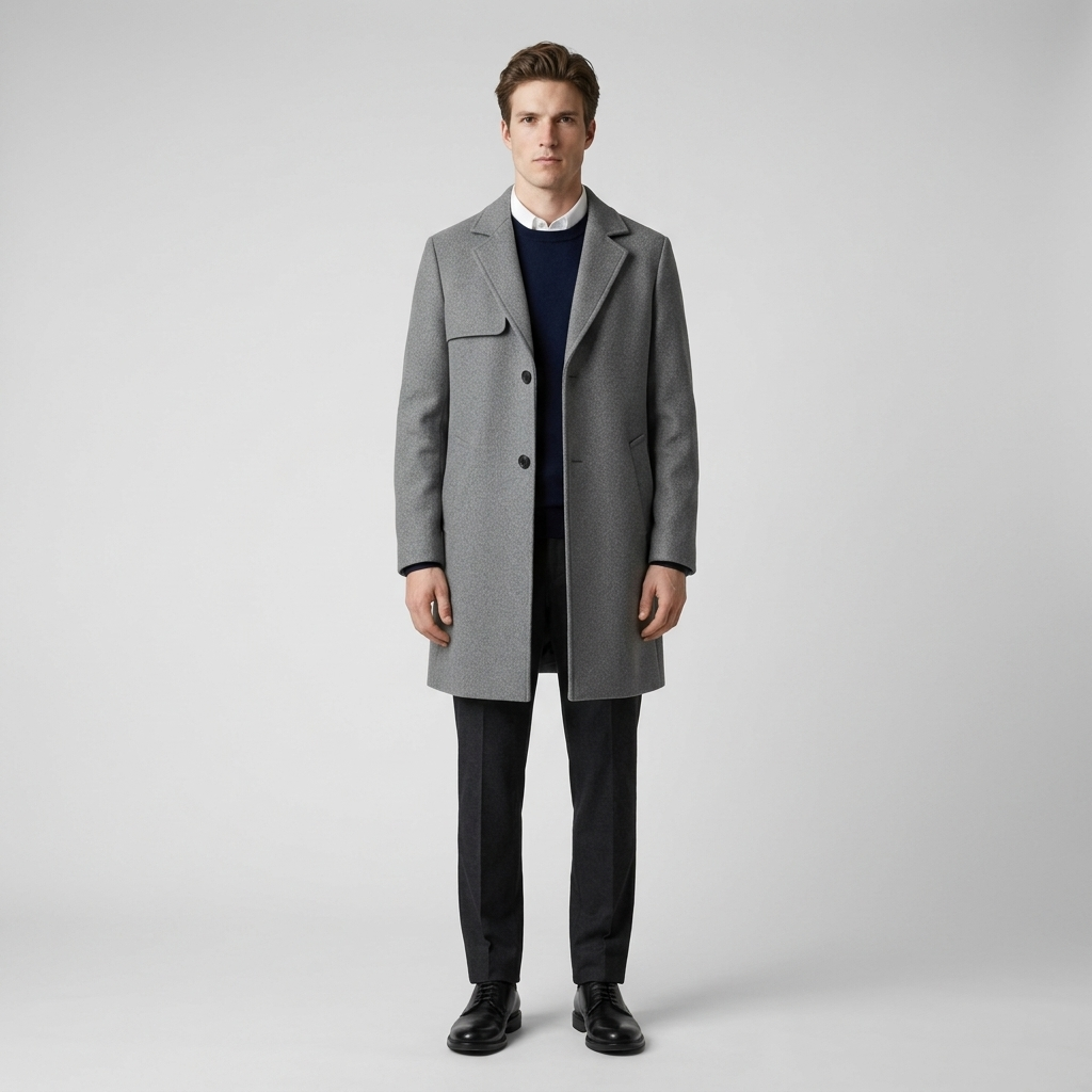 Model wearing Men's Grey Single Breasted Tailored Overcoat over a navy jumper, front view