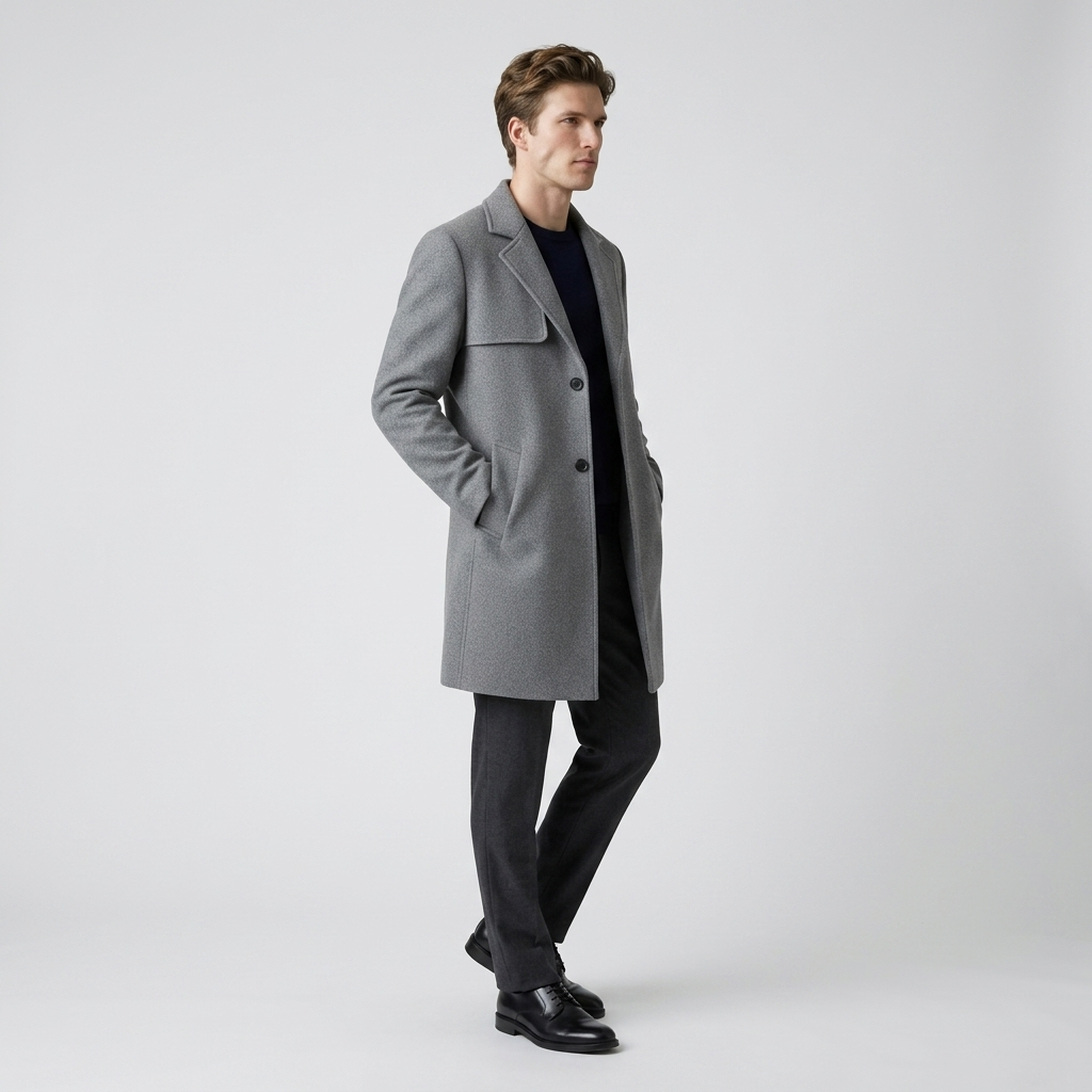 Model wearing Men's Grey Single Breasted Tailored Overcoat, side view