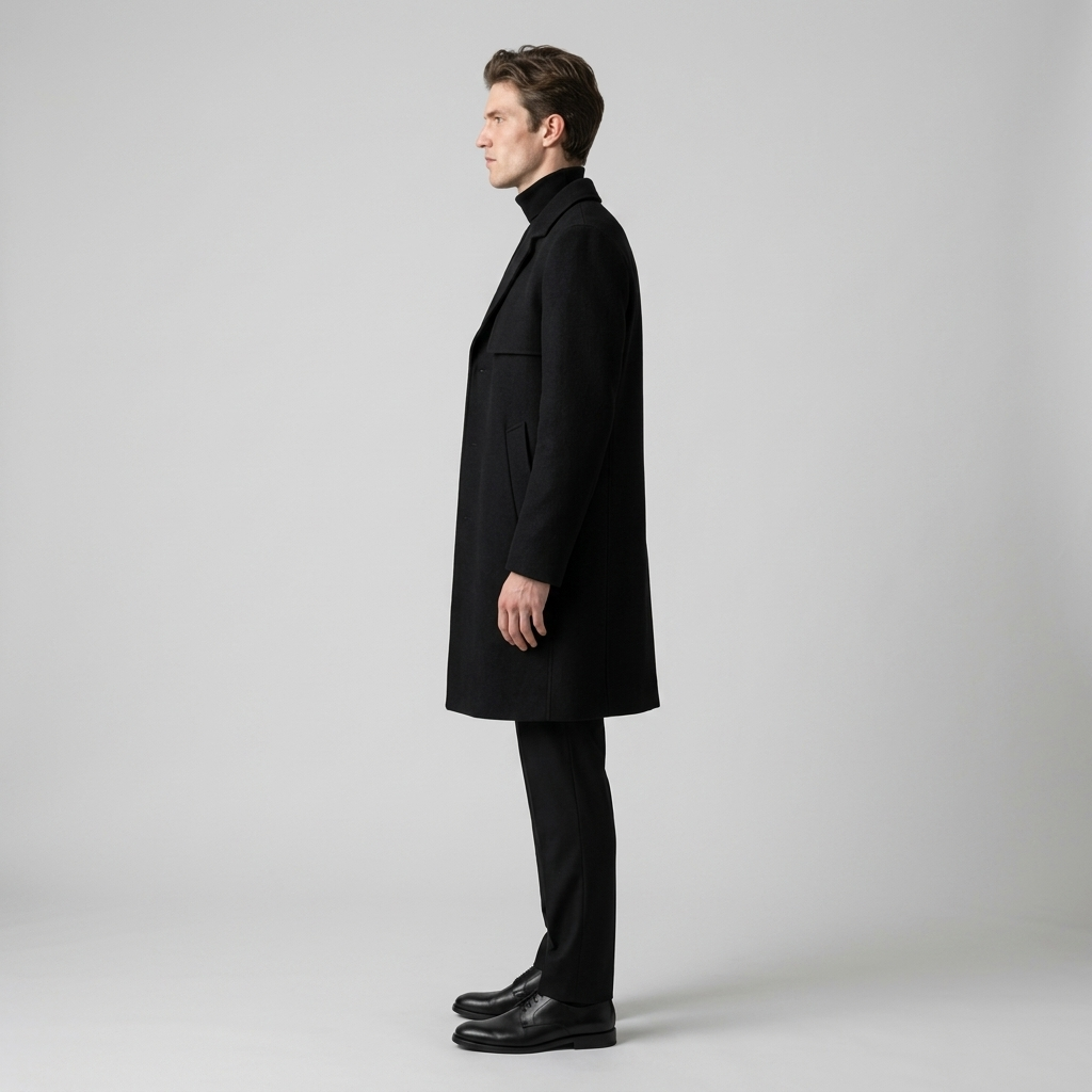Model wearing Men's Black Single Breasted Tailored Overcoat, side view