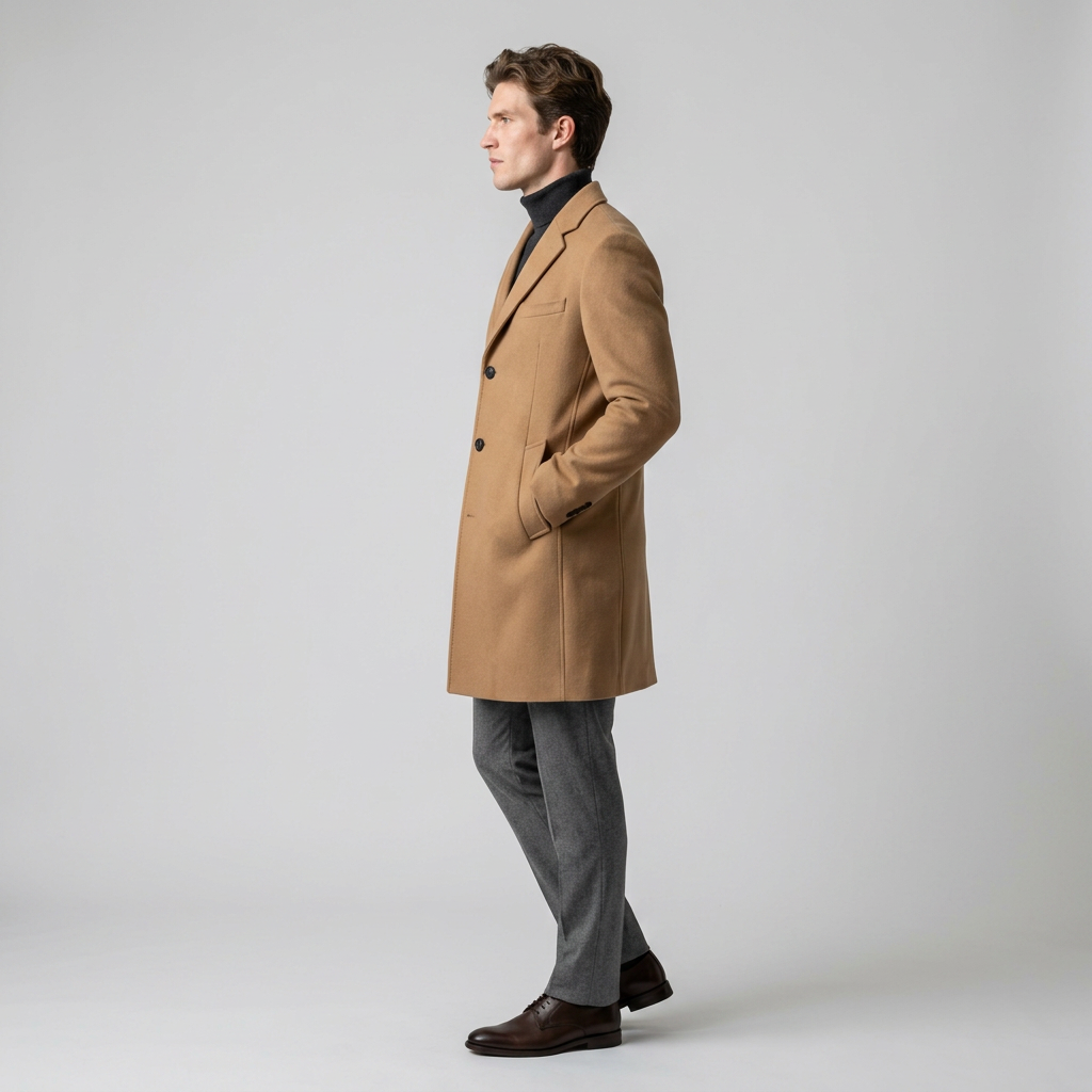 Model wearing Men's Camel Single Breasted Tailored Overcoat, side view